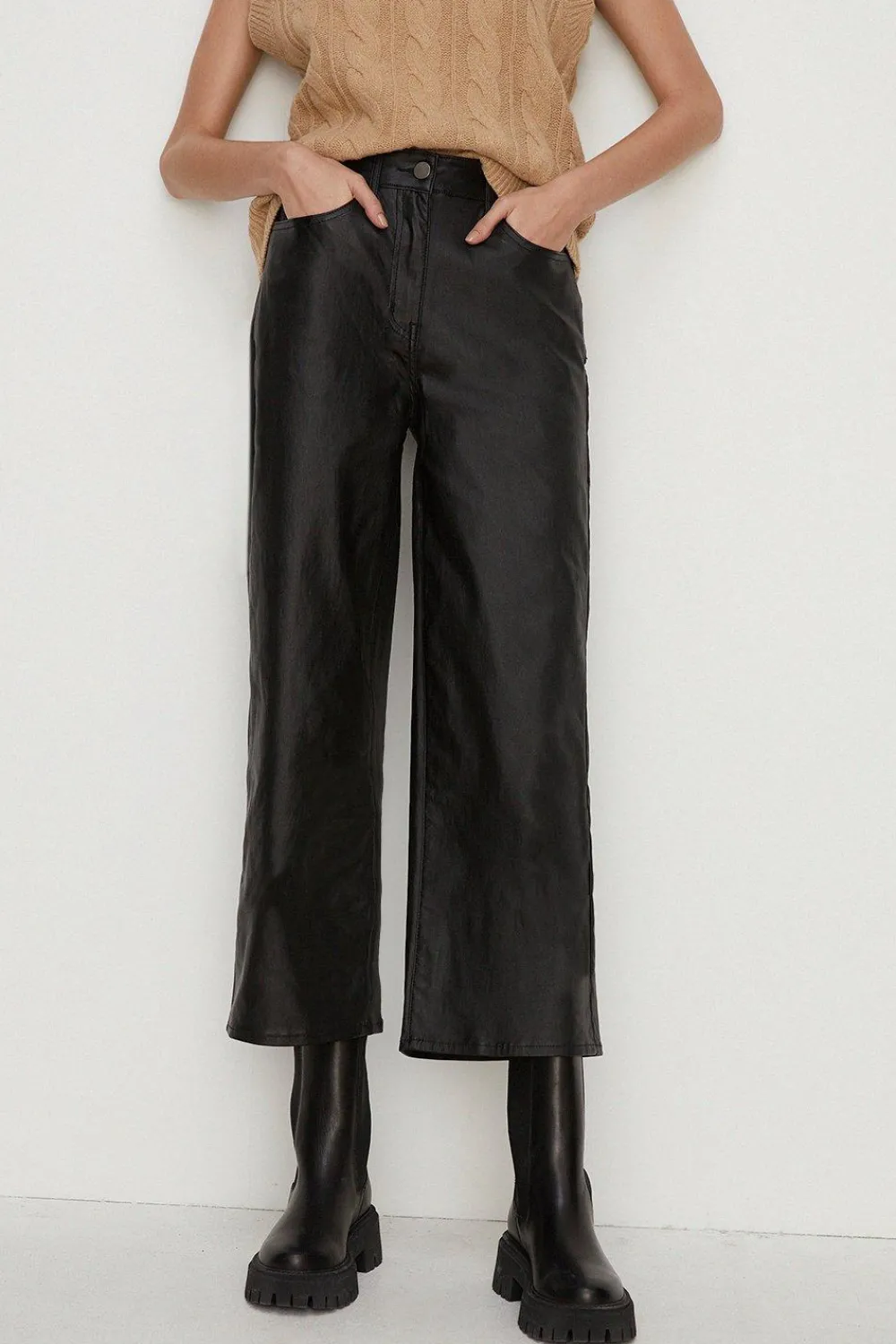 New Oasis Coated Denim Wide Leg Crop Jean Black