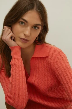 Sale Oasis Collared Cable Stitch Jumper Coral