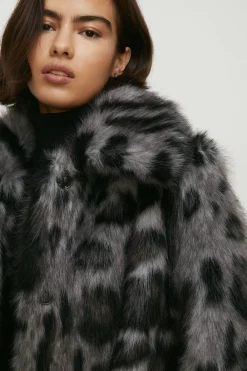 Clearance Oasis Collared Longline Animal Faux Fur Coat Grey