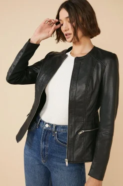 Hot Oasis Collarless Leather Jacket Black