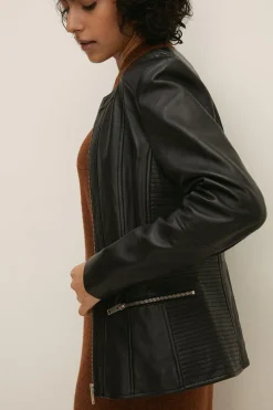 Online Oasis Collarless Leather Jacket Black