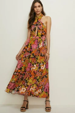 Hot Oasis Colourful Floral Side Split Halter Maxi Dress Orange