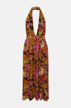 Hot Oasis Colourful Floral Side Split Halter Maxi Dress Orange