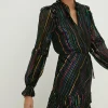 Clearance Oasis Colourful Metallic Stripe Ruffle Midi Dress Black