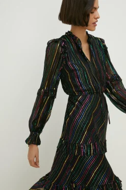 Clearance Oasis Colourful Metallic Stripe Ruffle Midi Dress Black