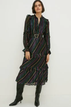 Clearance Oasis Colourful Metallic Stripe Ruffle Midi Dress Black