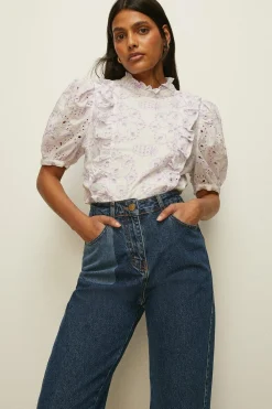 Sale Oasis Contrast Cotton Broderie Ruffle Top Lilac