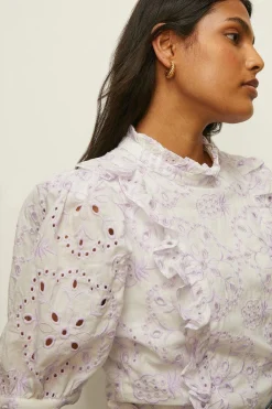 Sale Oasis Contrast Cotton Broderie Ruffle Top Lilac