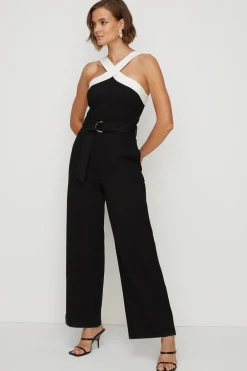 Discount Oasis Contrast Halter Neck Ponte Jumpsuit Black