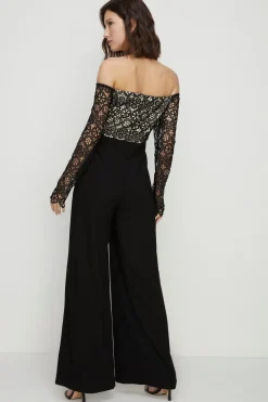 Discount Oasis Contrast Lace Bardot Wide Leg Jumpsuit Black