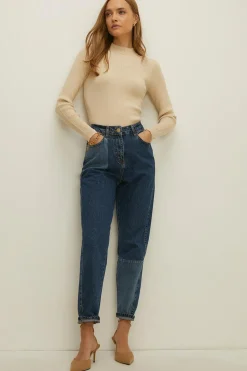 Discount Oasis Contrast Patched Barrel Leg Jean Mid Wash