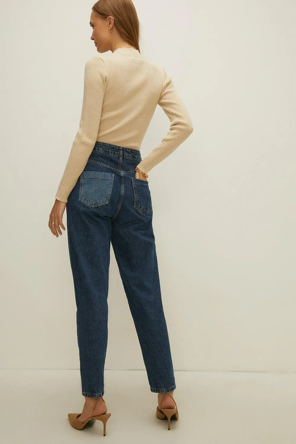 Discount Oasis Contrast Patched Barrel Leg Jean Mid Wash