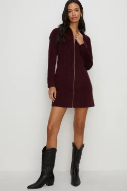 Best Oasis Cord Long Sleeved Zip Through Mini Dress Black