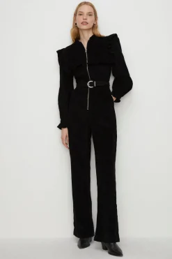 Hot Oasis Cord Ruffle Yoke Jumpsuit Black