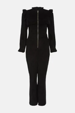 Hot Oasis Cord Ruffle Yoke Jumpsuit Black