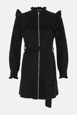 Discount Oasis Cord Zip Front Ruffle Yoke Dress Black