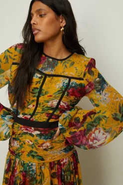 Online Oasis Corset Ruched Floral Chiffon Maxi Dress Ochre