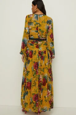 Online Oasis Corset Ruched Floral Chiffon Maxi Dress Ochre