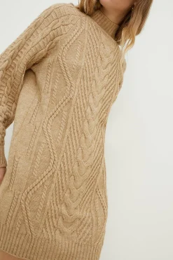 Hot Oasis Cosy Cable Funnel Neck Mini Jumper Dress Camel