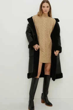 Hot Oasis Cosy Cable Funnel Neck Mini Jumper Dress Camel