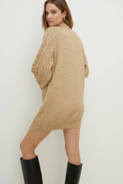 Hot Oasis Cosy Cable Funnel Neck Mini Jumper Dress Camel