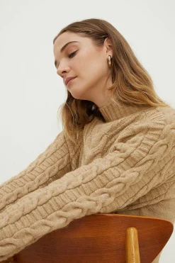Hot Oasis Cosy Cable Funnel Neck Mini Jumper Dress Camel