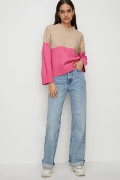 New Oasis Cosy Colour Block Crew Neck Jumper Hot Pink