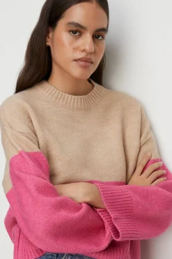 New Oasis Cosy Colour Block Crew Neck Jumper Hot Pink