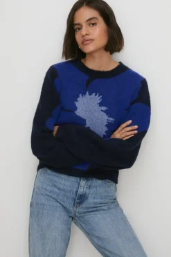 Clearance Oasis Cosy Statement Floral Jacquard Jumper Blue