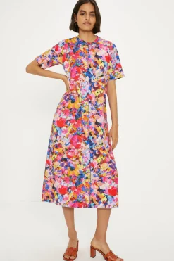 Best Oasis Cotton Bright Floral Seam Detail Midi Trapeze Dress Pink