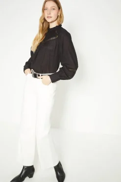 Fashion Oasis Cotton Dobby Lace Trim Blouse Black