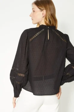 Fashion Oasis Cotton Dobby Lace Trim Blouse Black