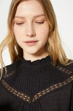 Fashion Oasis Cotton Dobby Lace Trim Blouse Black