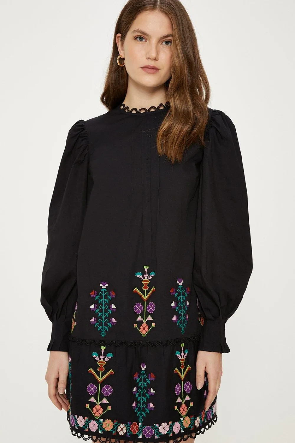Clearance Oasis Cotton Poplin Embroidered Dress Black