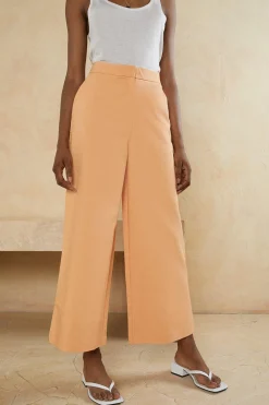 Clearance Oasis Cotton Sateen Wide Leg Tailored Trouser Apricot