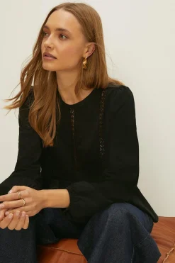 Discount Oasis Cotton Slub Lace Trim Jersey Top Black