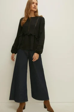 Discount Oasis Cotton Slub Lace Trim Jersey Top Black