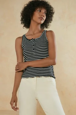 Hot Oasis Cotton Stripe Rib Scoop Neck Vest Navy
