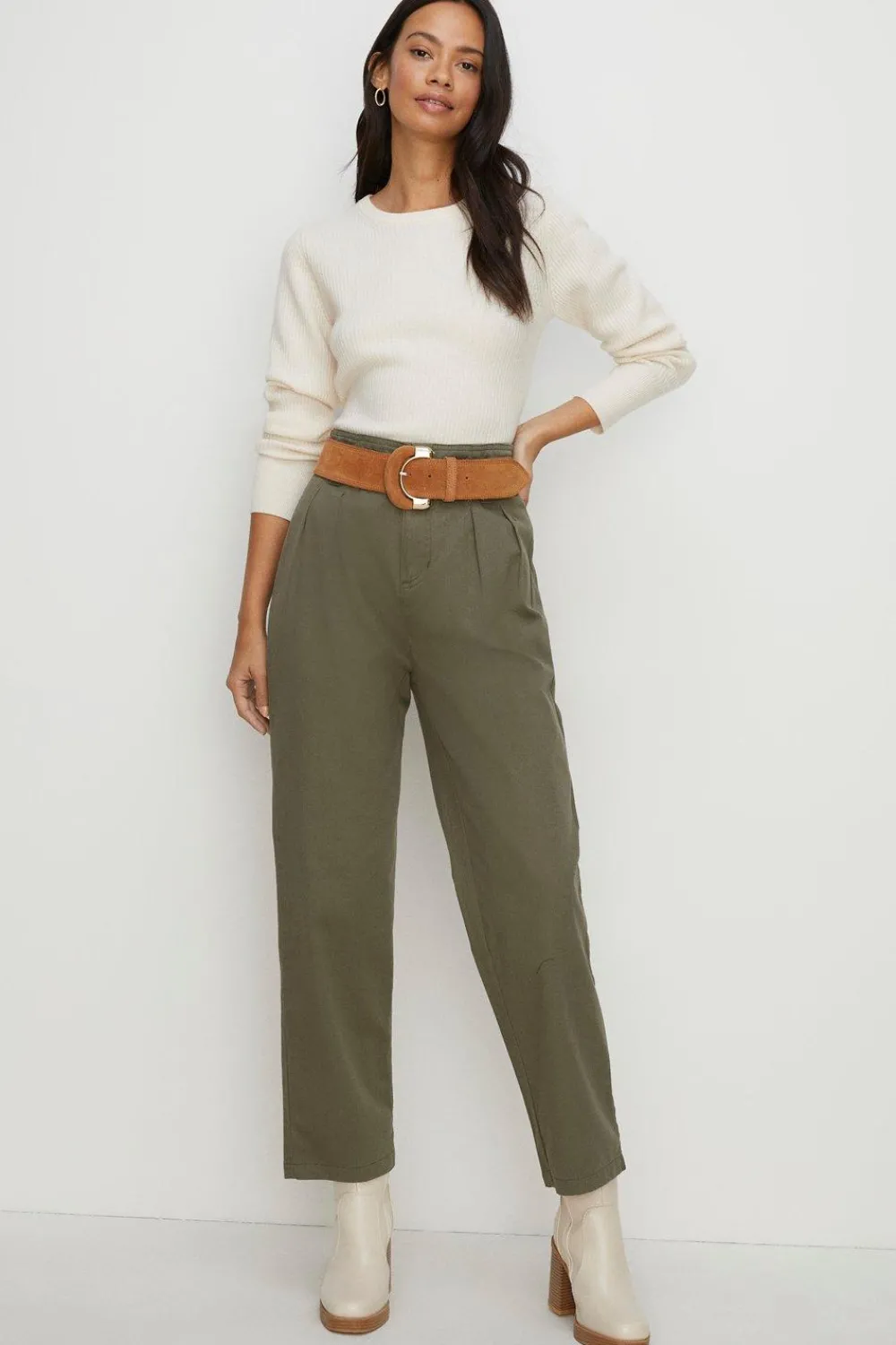 Clearance Oasis Cotton Twill Tie Waist Peg Trouser Khaki