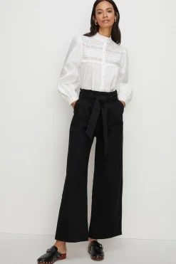 Sale Oasis Cotton Twill Tie Waist Wide Leg Trouser Black