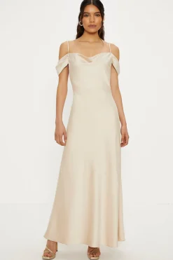 Discount Oasis Cowl Cold Shoulder Satin Midi Dress Champagne
