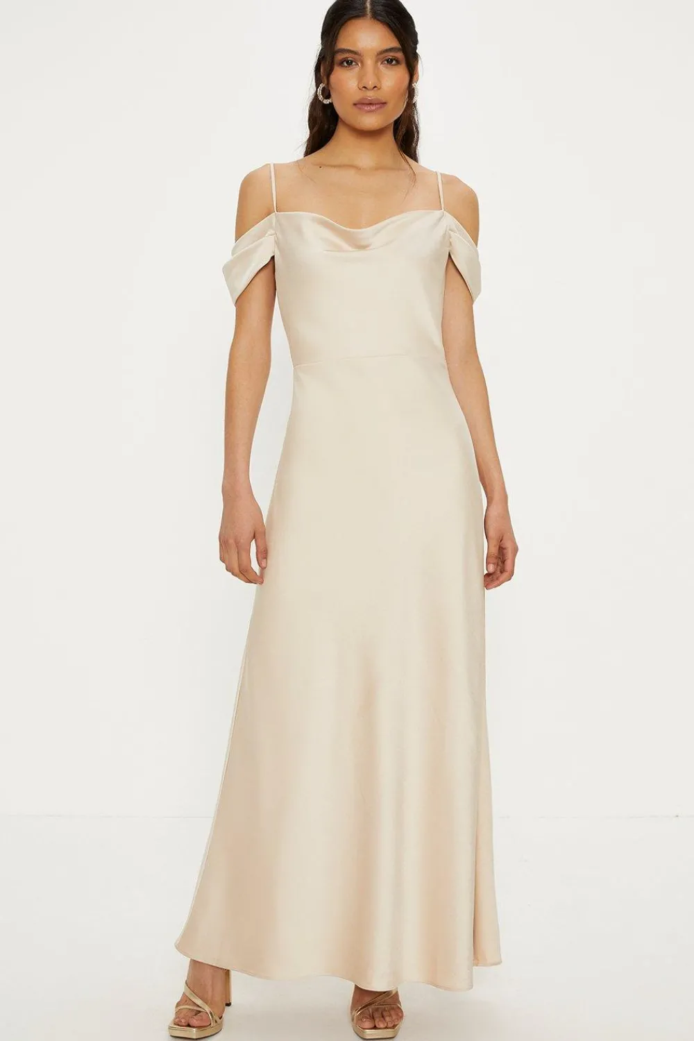 Discount Oasis Cowl Cold Shoulder Satin Midi Dress Champagne