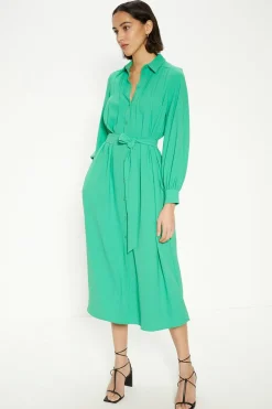 Outlet Oasis Crepe Pin-Tuck Belted Shirt Dress Green