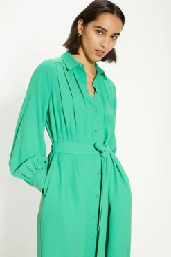 Outlet Oasis Crepe Pin-Tuck Belted Shirt Dress Green