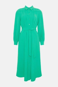 Outlet Oasis Crepe Pin-Tuck Belted Shirt Dress Green