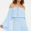 Hot Oasis Crinkle Bardot Dress Light Blue