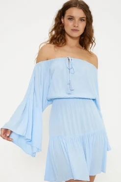 Hot Oasis Crinkle Bardot Dress Light Blue