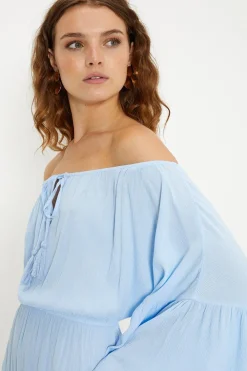 Hot Oasis Crinkle Bardot Dress Light Blue