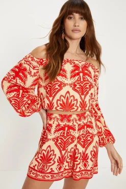 New Oasis Crinkle Paisley Palm Bardot Top Red