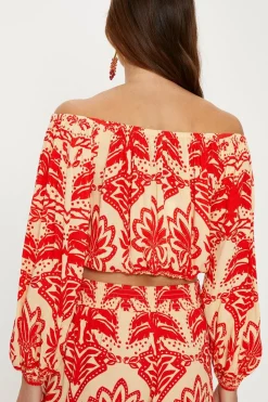 New Oasis Crinkle Paisley Palm Bardot Top Red